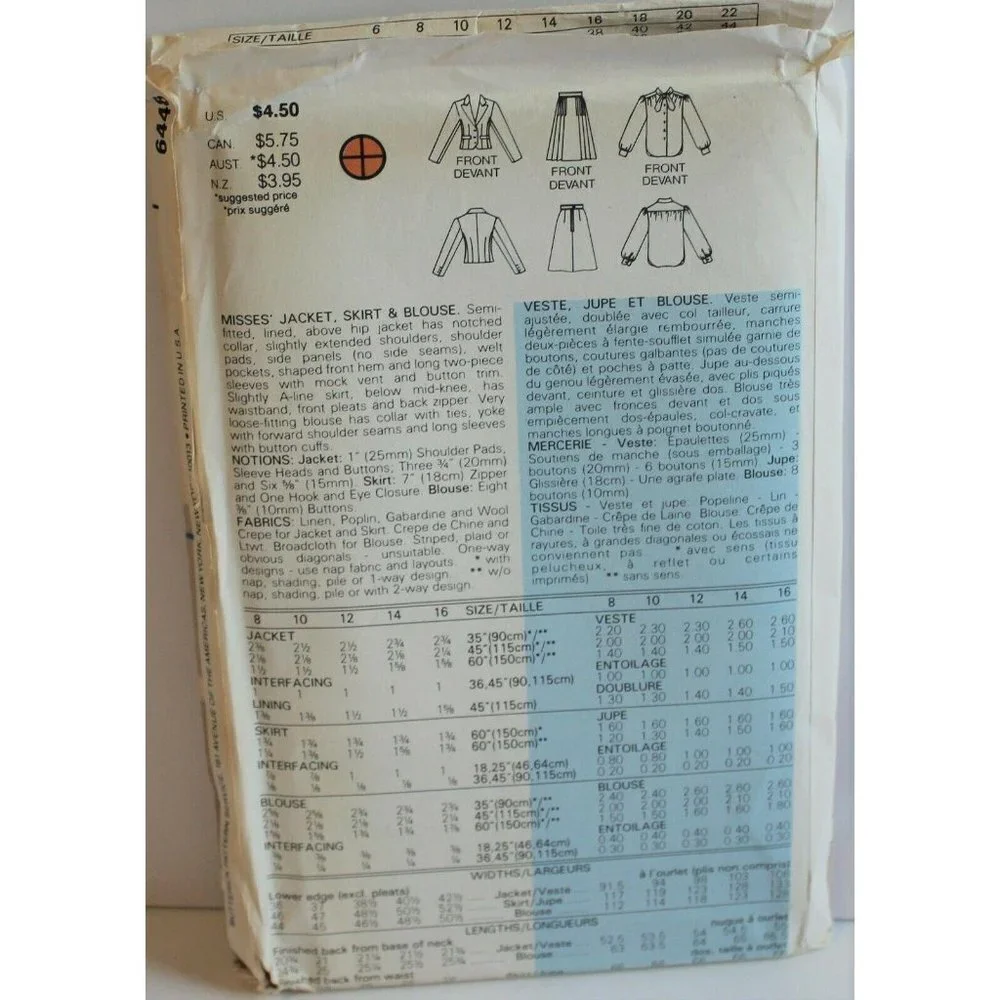 Butterick Sewing Pattern 6448 Misses‎ Jacket Skirt Blouse Size 10 Evan Picone
